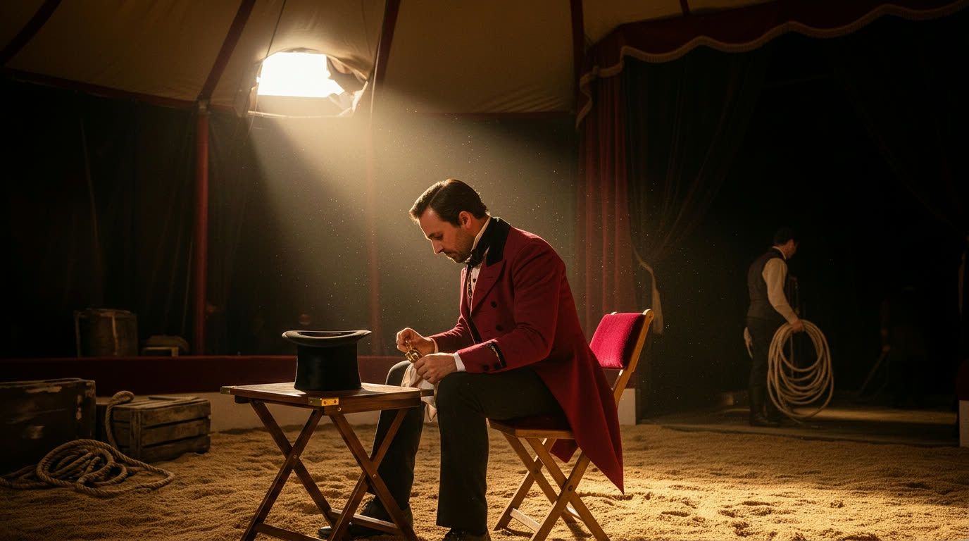 The Ringmaster backstage, polishing a brass pocket-watch before the curtain.