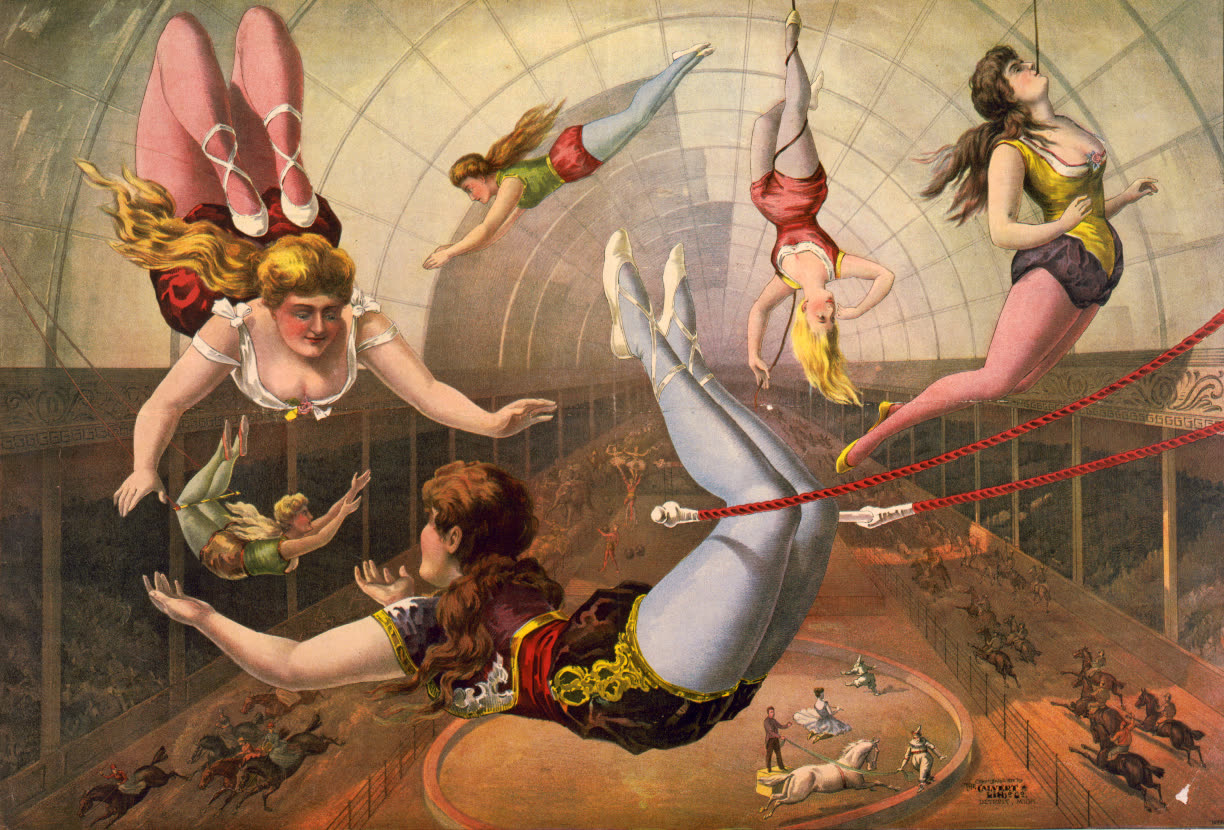 Female acrobats on trapezes beneath the glass roof of a hippodrome — hand-colored lithograph, the Calvert Litho. Co., Detroit, c. 1890.